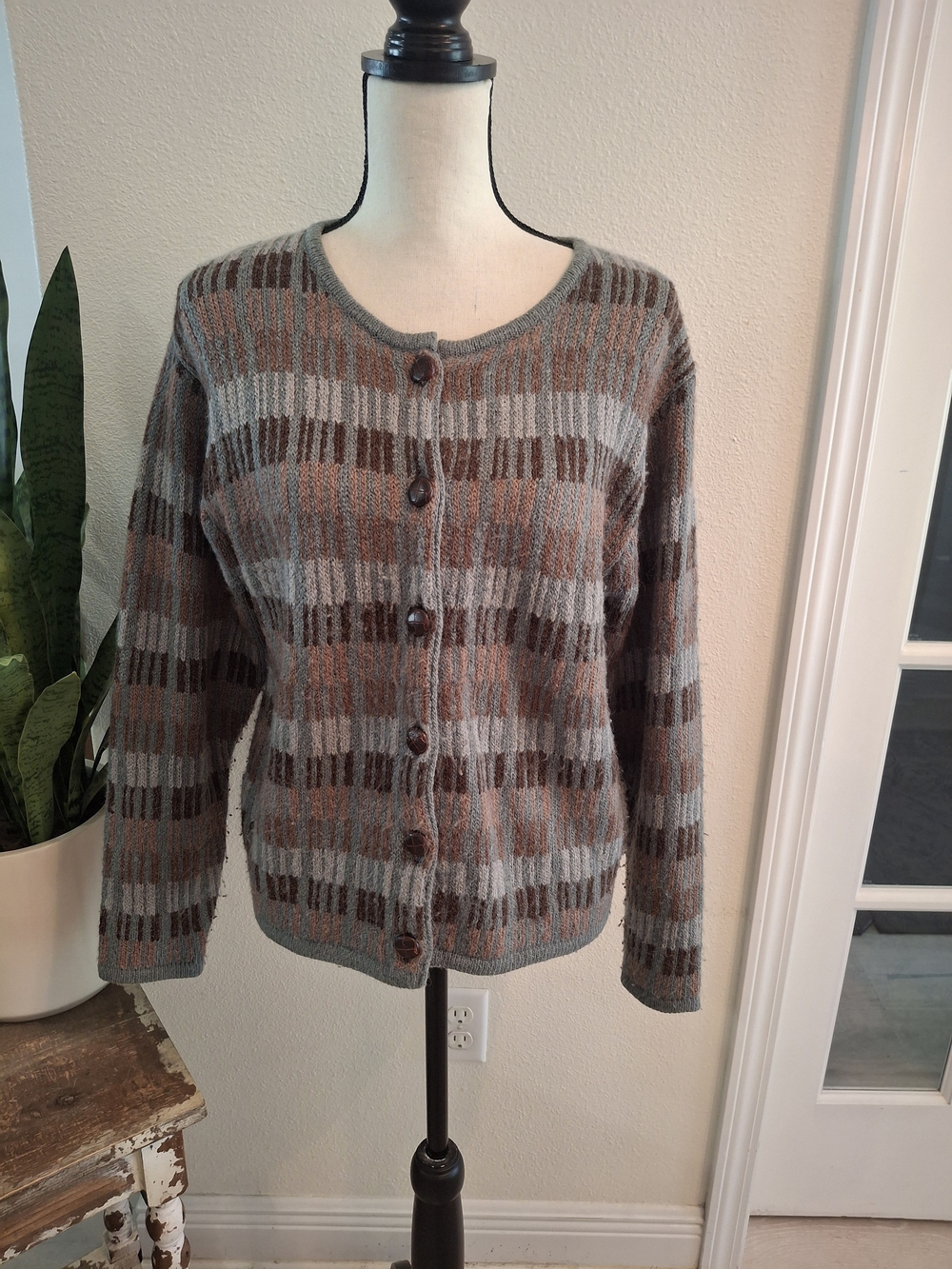 Knit Striped Button-Front Cardigan in Brown and Gray